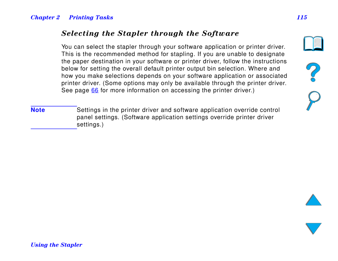 HP and 8150 MFP manual Selecting the Stapler through the Software, Printing Tasks 115 