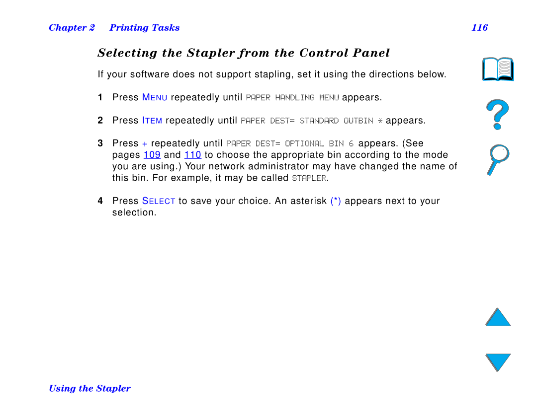 HP and 8150 MFP manual Selecting the Stapler from the Control Panel, Printing Tasks 116 