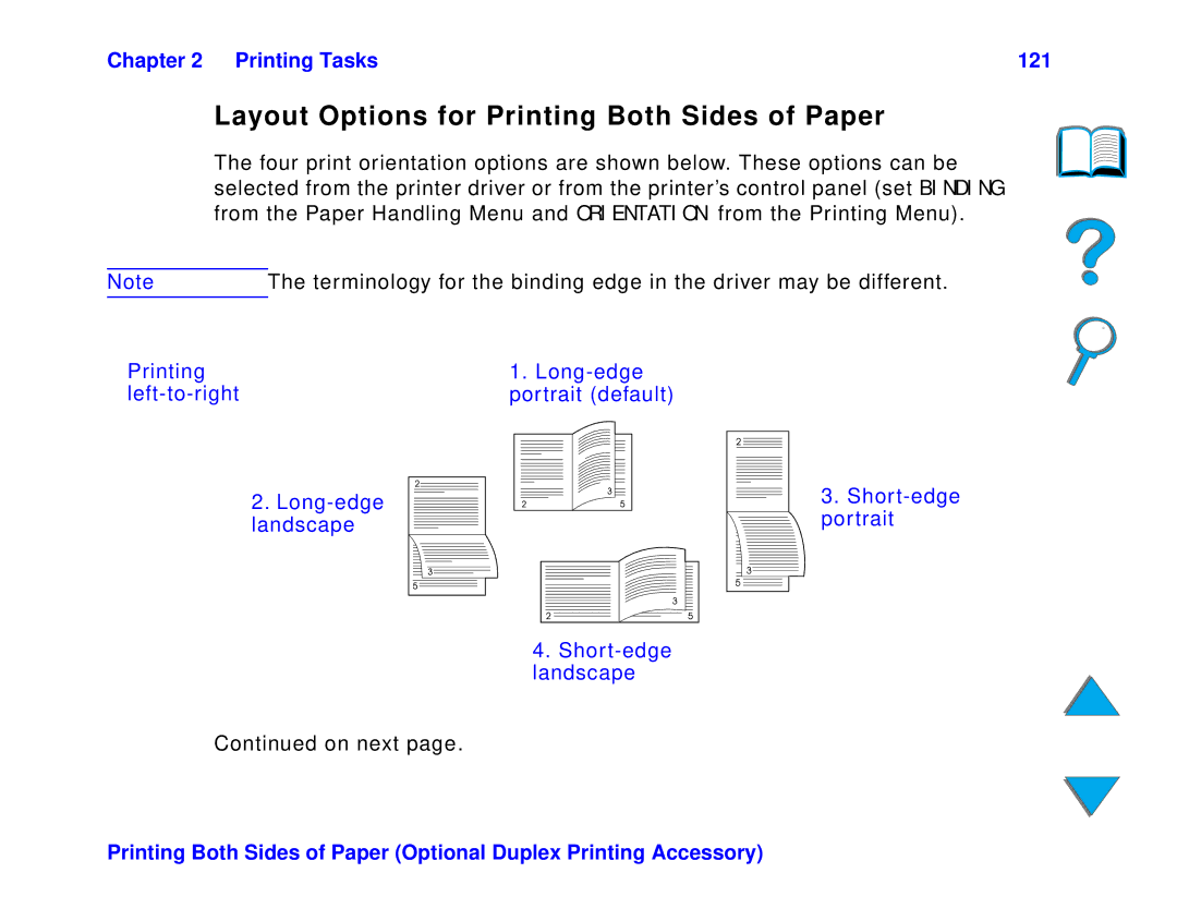 HP and 8150 MFP manual Layout Options for Printing Both Sides of Paper, Printing Tasks 121, On next 