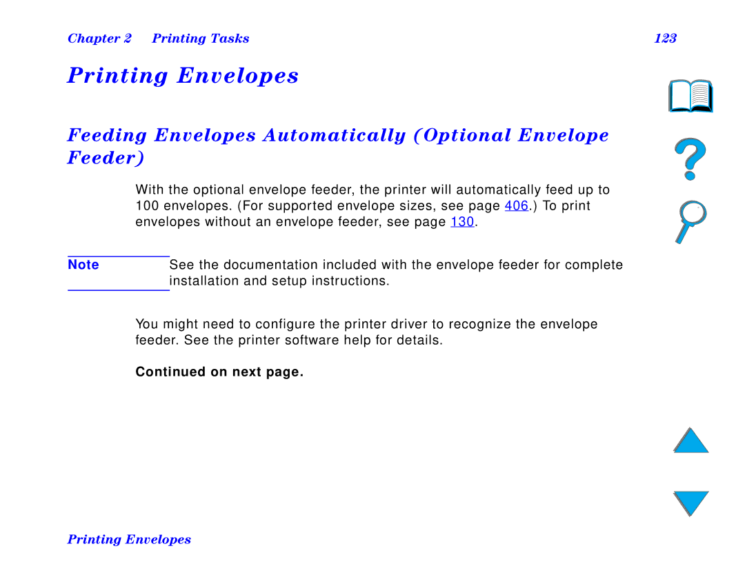 HP and 8150 MFP manual Printing Envelopes, Feeding Envelopes Automatically Optional Envelope Feeder, Printing Tasks 123 