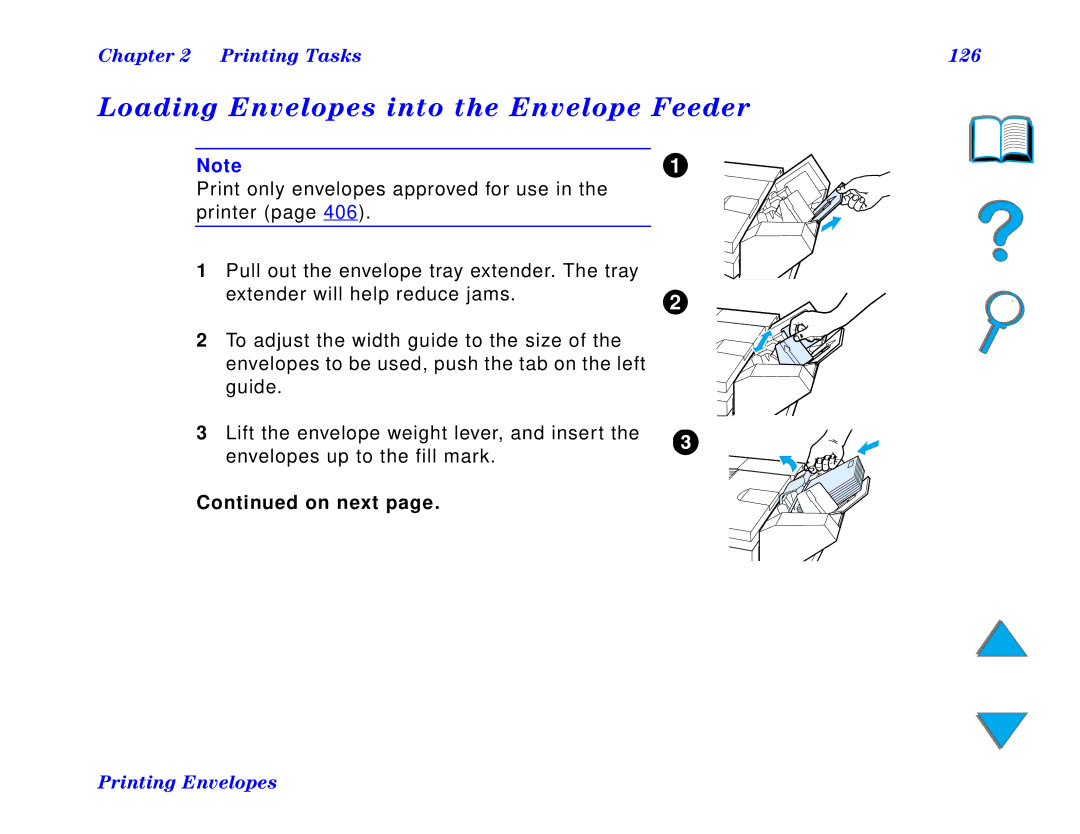 HP and 8150 MFP manual Loading Envelopes into the Envelope Feeder, Printing Tasks 126 