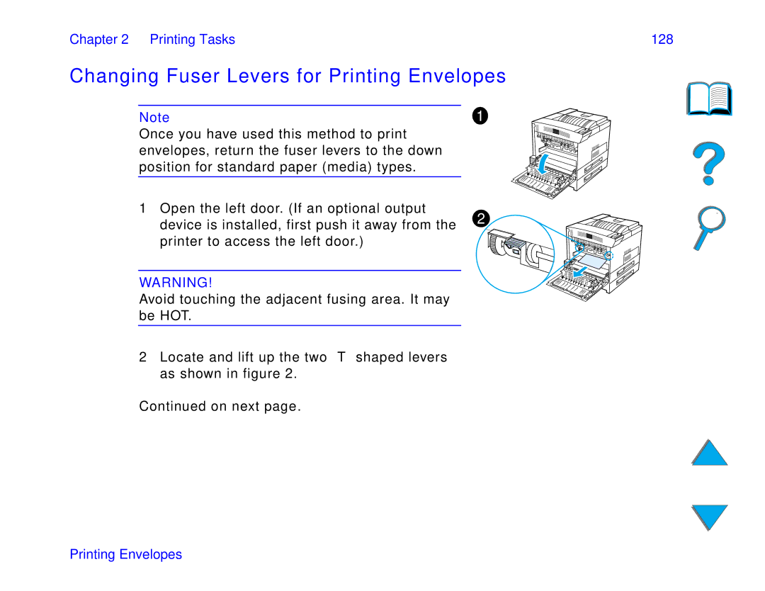 HP and 8150 MFP manual Changing Fuser Levers for Printing Envelopes, Printing Tasks 128 