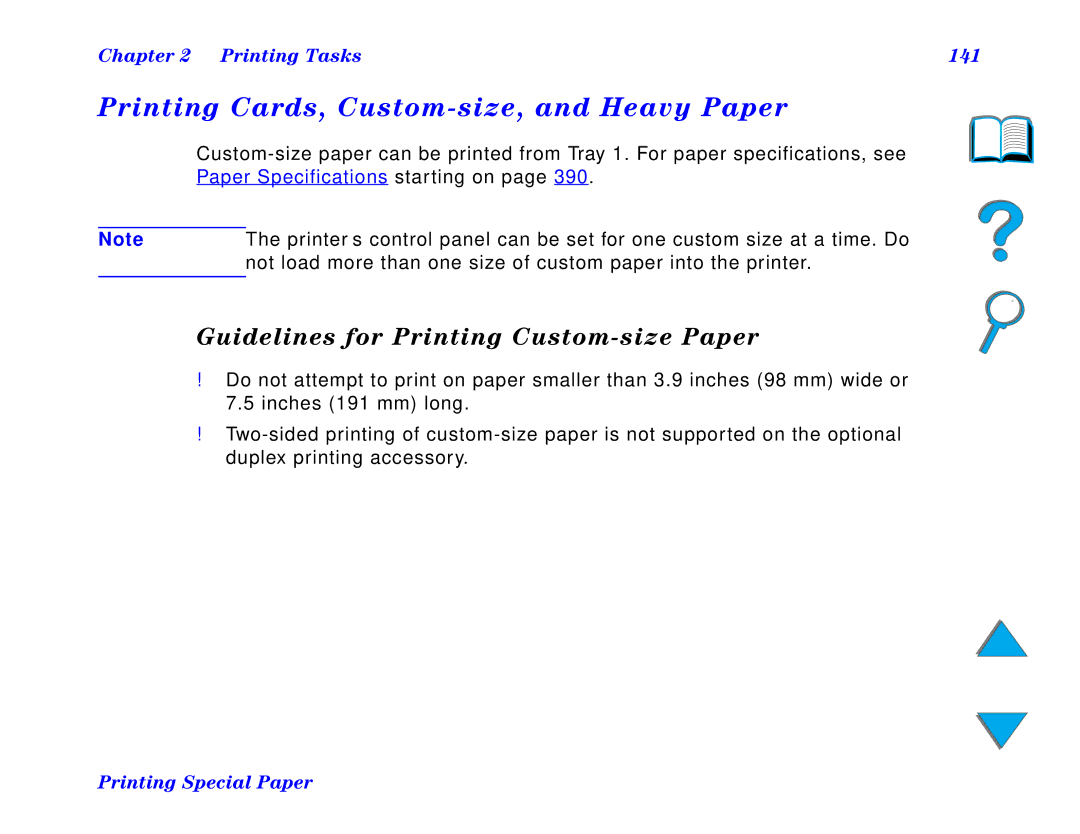 HP and 8150 MFP manual Printing Cards, Custom-size, and Heavy Paper, Guidelines for Printing Custom-size Paper 