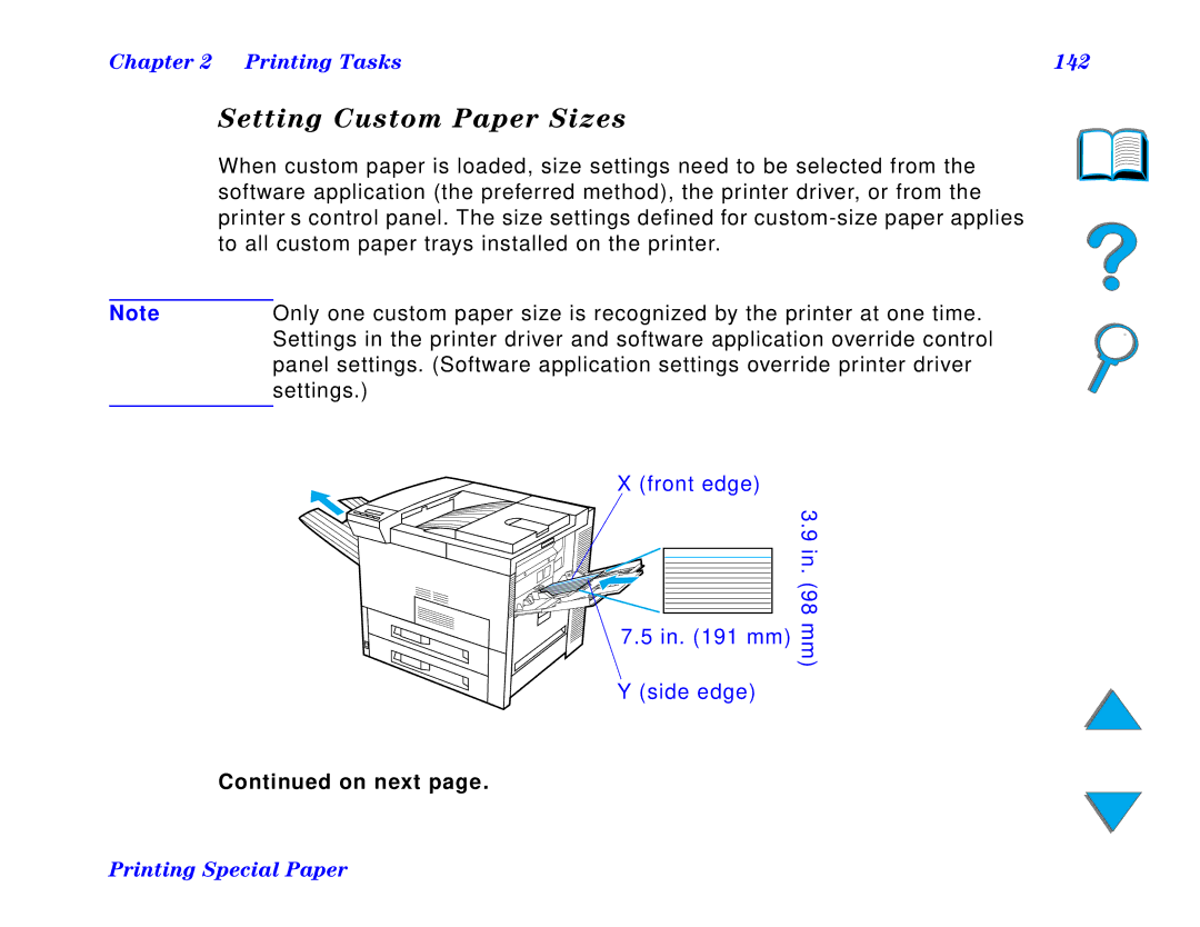 HP and 8150 MFP manual Setting Custom Paper Sizes, Printing Tasks 142 