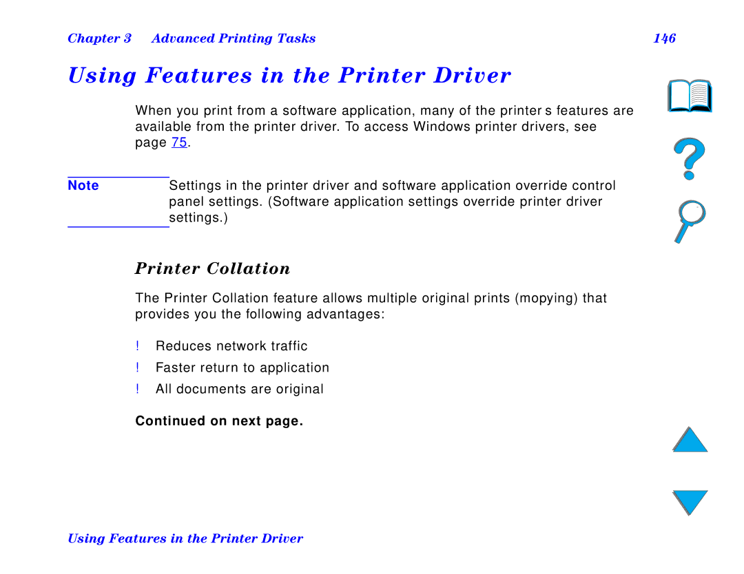 HP and 8150 MFP manual Using Features in the Printer Driver, Printer Collation, Advanced Printing Tasks 146 