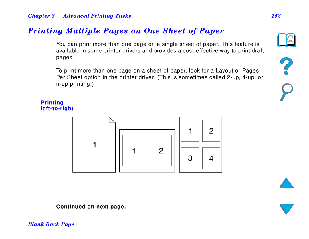 HP and 8150 MFP manual Printing Multiple Pages on One Sheet of Paper, Advanced Printing Tasks 152, Printing left-to-right 