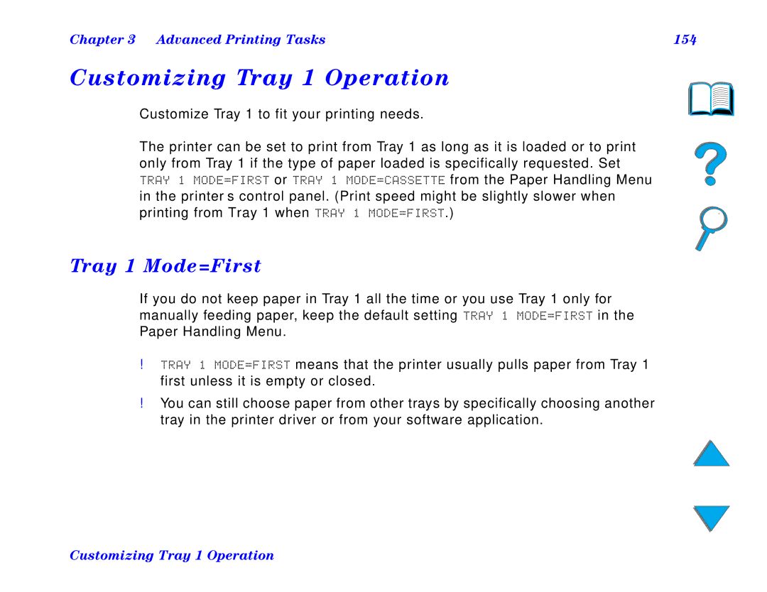 HP and 8150 MFP manual Customizing Tray 1 Operation, Tray 1 Mode=First, Advanced Printing Tasks 154 