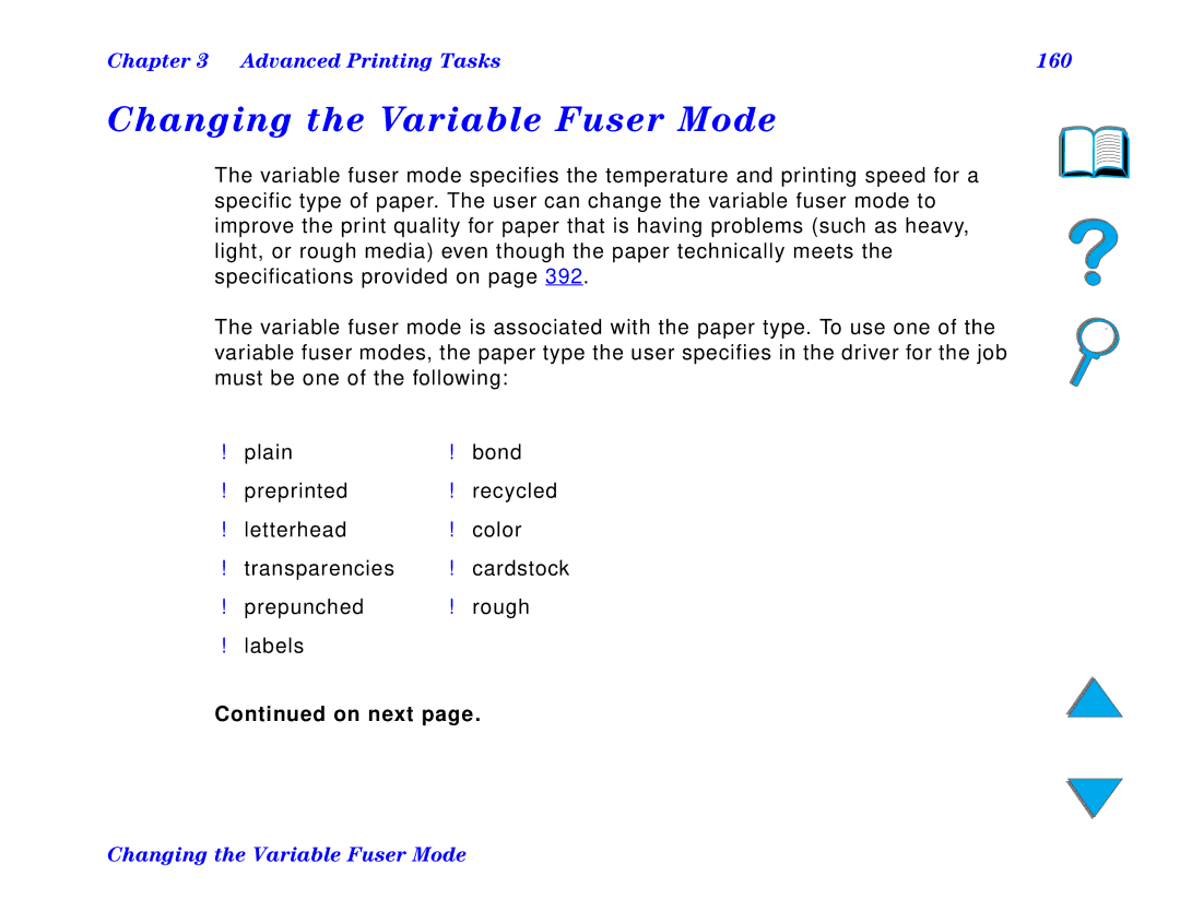 HP and 8150 MFP manual Changing the Variable Fuser Mode, Advanced Printing Tasks 160 