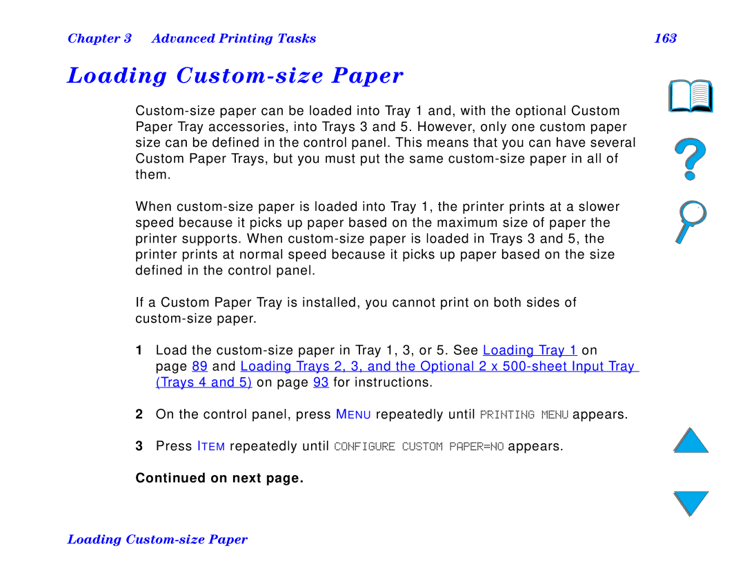 HP and 8150 MFP manual Loading Custom-size Paper, Advanced Printing Tasks 163 