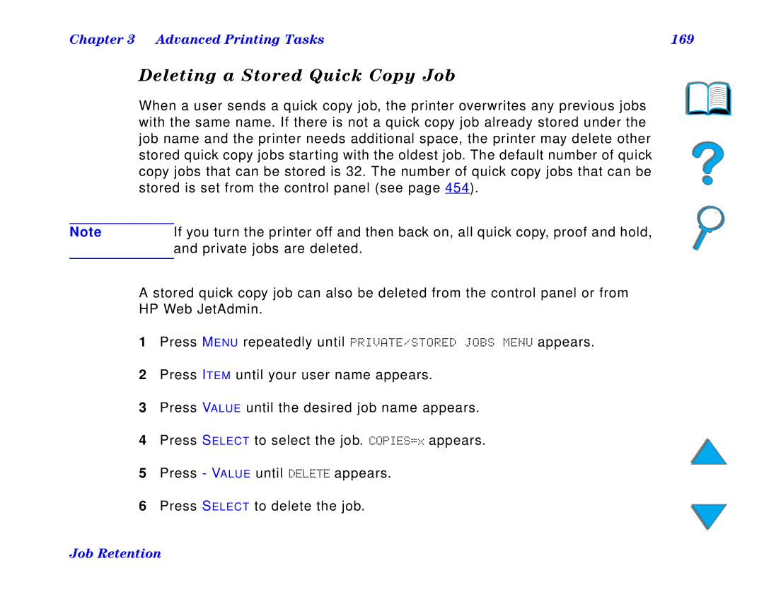 HP and 8150 MFP manual Deleting a Stored Quick Copy Job, Advanced Printing Tasks 169 