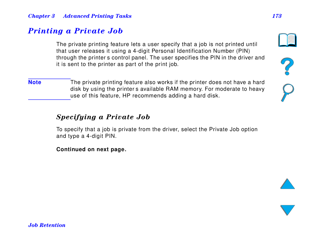 HP and 8150 MFP manual Printing a Private Job, Specifying a Private Job, Advanced Printing Tasks 173 