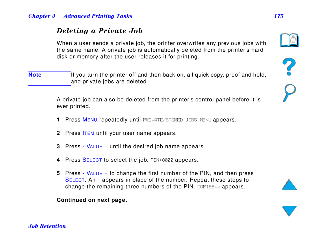 HP and 8150 MFP manual Deleting a Private Job, Advanced Printing Tasks 175 