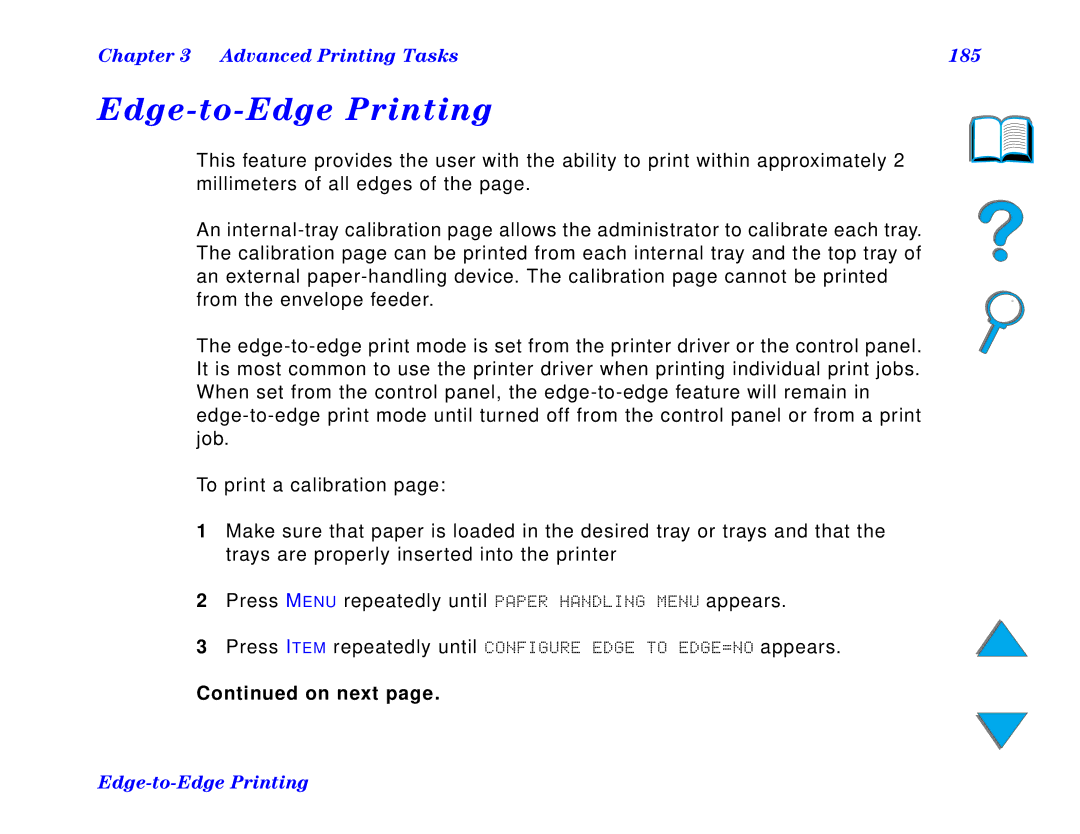 HP and 8150 MFP manual Edge-to-Edge Printing, Advanced Printing Tasks 185 