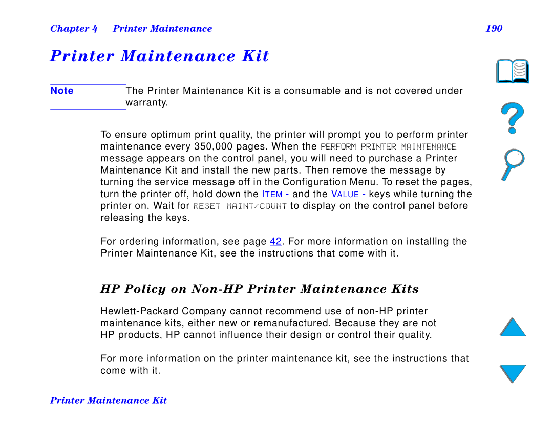 HP and 8150 MFP manual HP Policy on Non-HP Printer Maintenance Kits, Printer Maintenance 190 