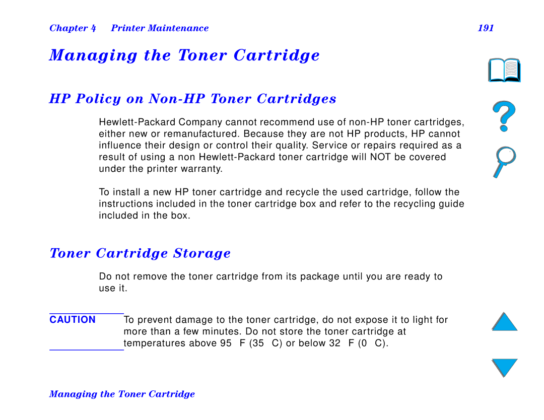 HP and 8150 MFP manual Managing the Toner Cartridge, HP Policy on Non-HP Toner Cartridges, Toner Cartridge Storage 