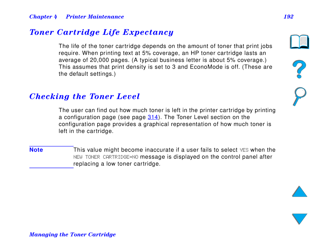 HP and 8150 MFP manual Toner Cartridge Life Expectancy, Checking the Toner Level, Printer Maintenance 192 