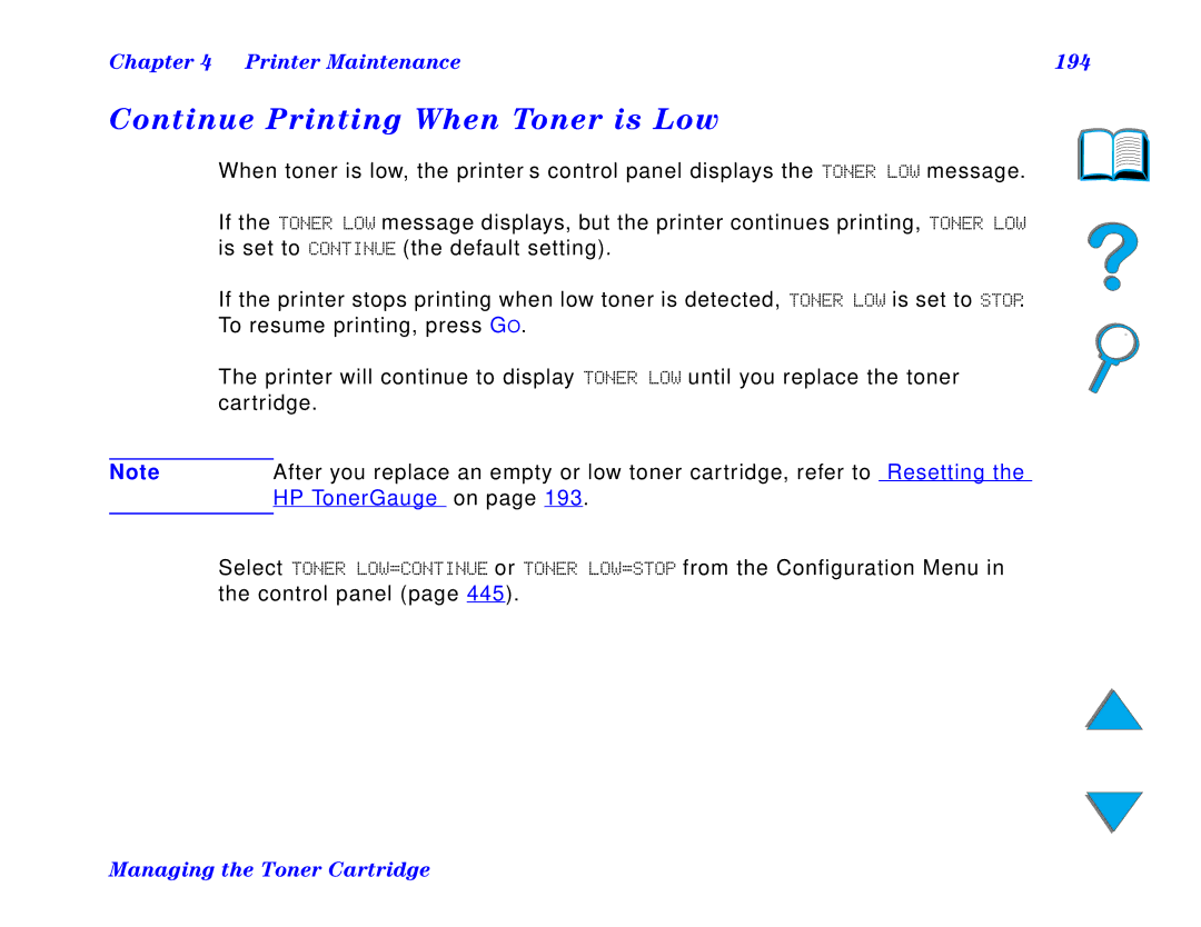 HP and 8150 MFP manual Continue Printing When Toner is Low, Printer Maintenance 194 