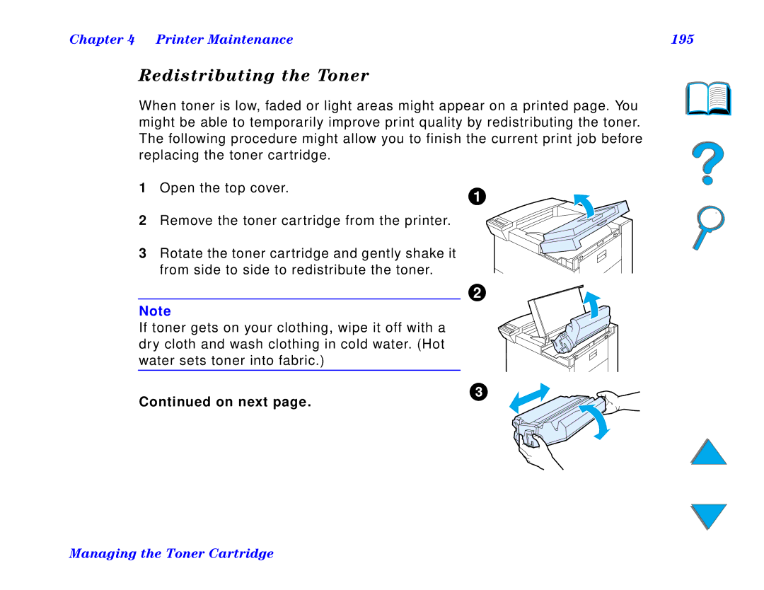 HP and 8150 MFP manual Redistributing the Toner, Printer Maintenance 195 