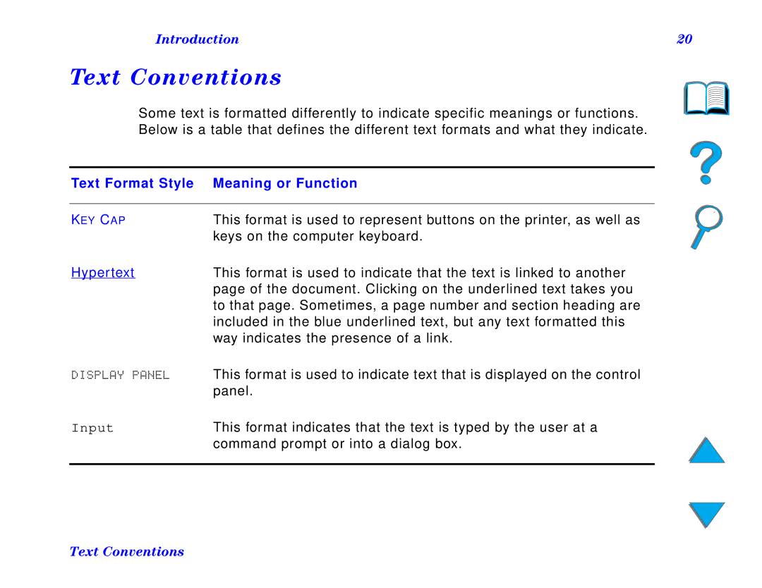 HP and 8150 MFP manual Text Conventions, Text Format Style Meaning or Function, Display Panel 