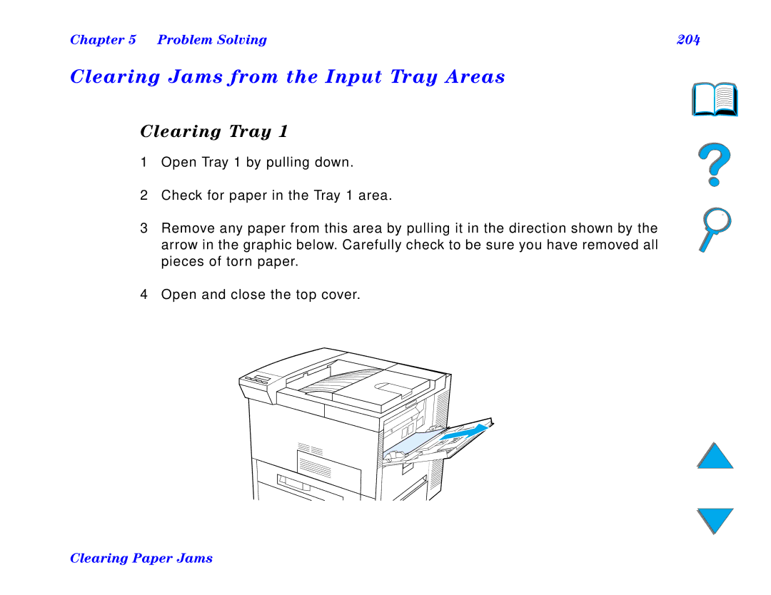 HP and 8150 MFP manual Clearing Jams from the Input Tray Areas, Clearing Tray, Problem Solving 204 