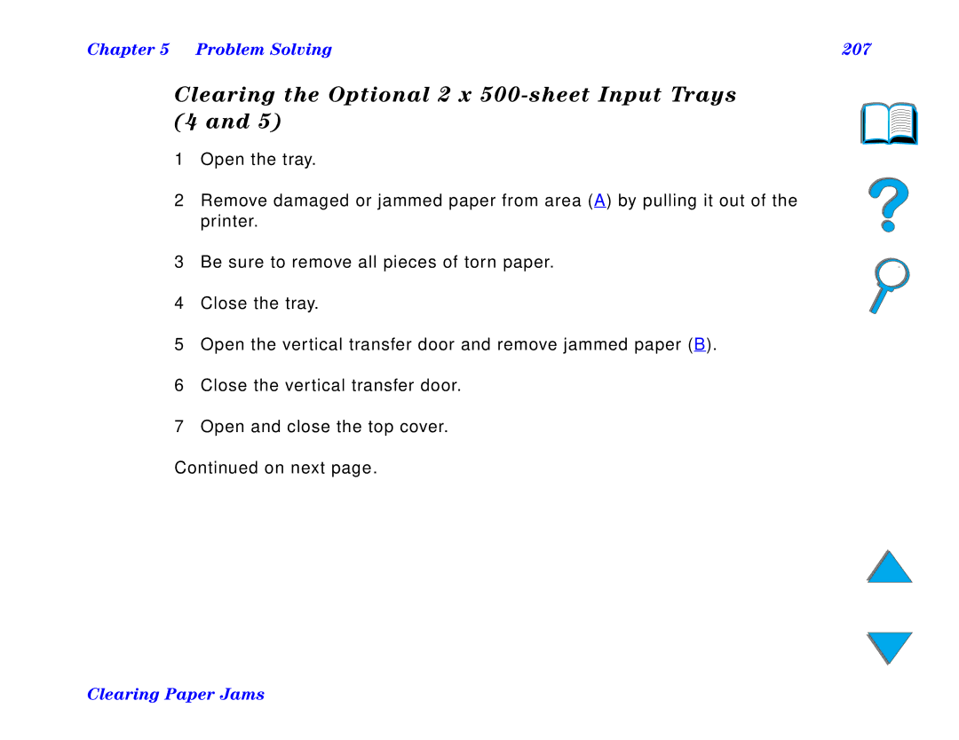 HP and 8150 MFP manual Clearing the Optional 2 x 500-sheet Input Trays 4, Problem Solving 207 