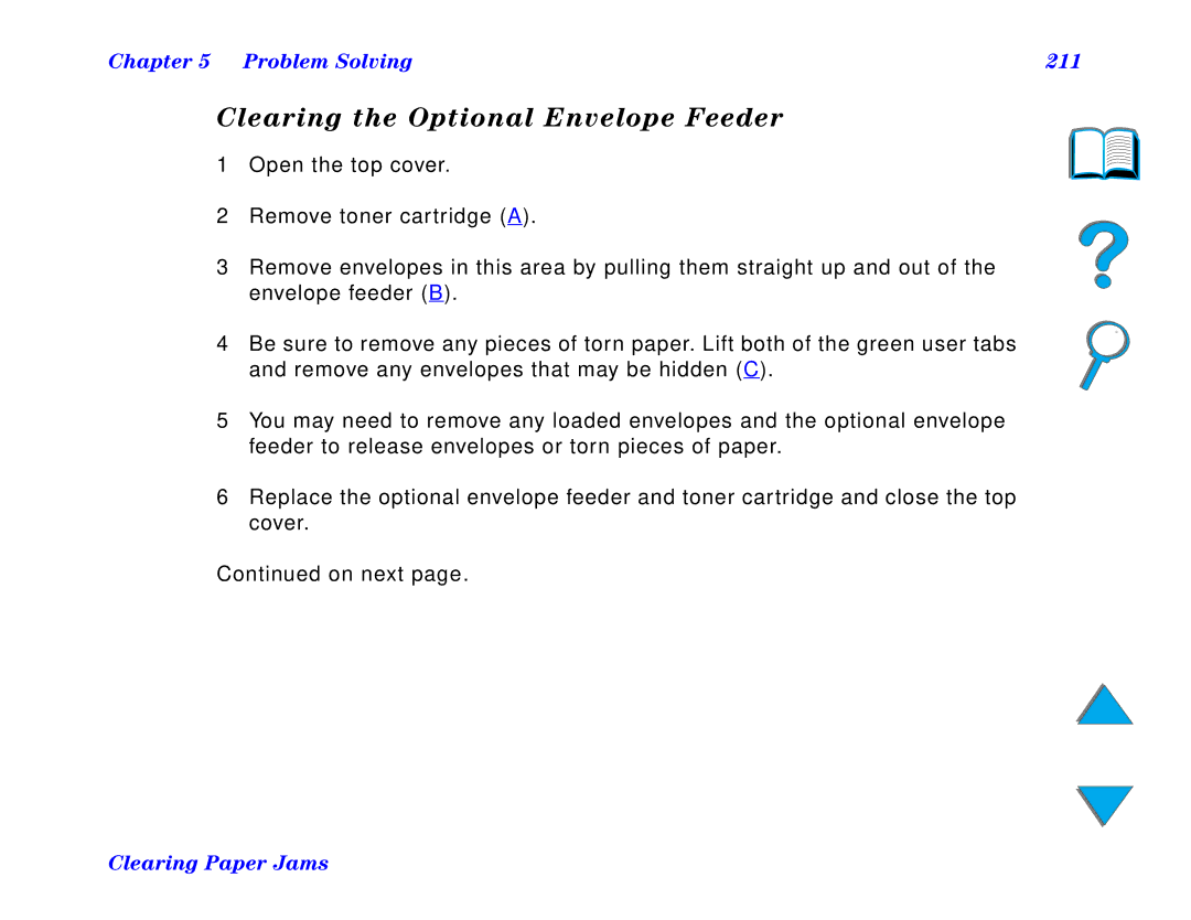 HP and 8150 MFP manual Clearing the Optional Envelope Feeder, Problem Solving 211 