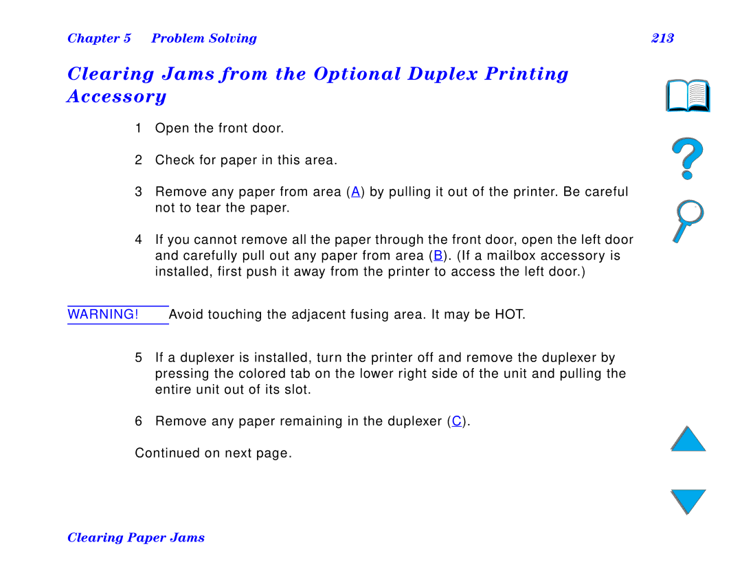 HP and 8150 MFP manual Clearing Jams from the Optional Duplex Printing Accessory, Problem Solving 213 