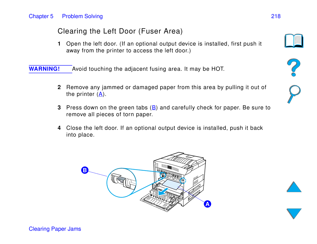 HP and 8150 MFP manual Clearing the Left Door Fuser Area, Problem Solving 218 