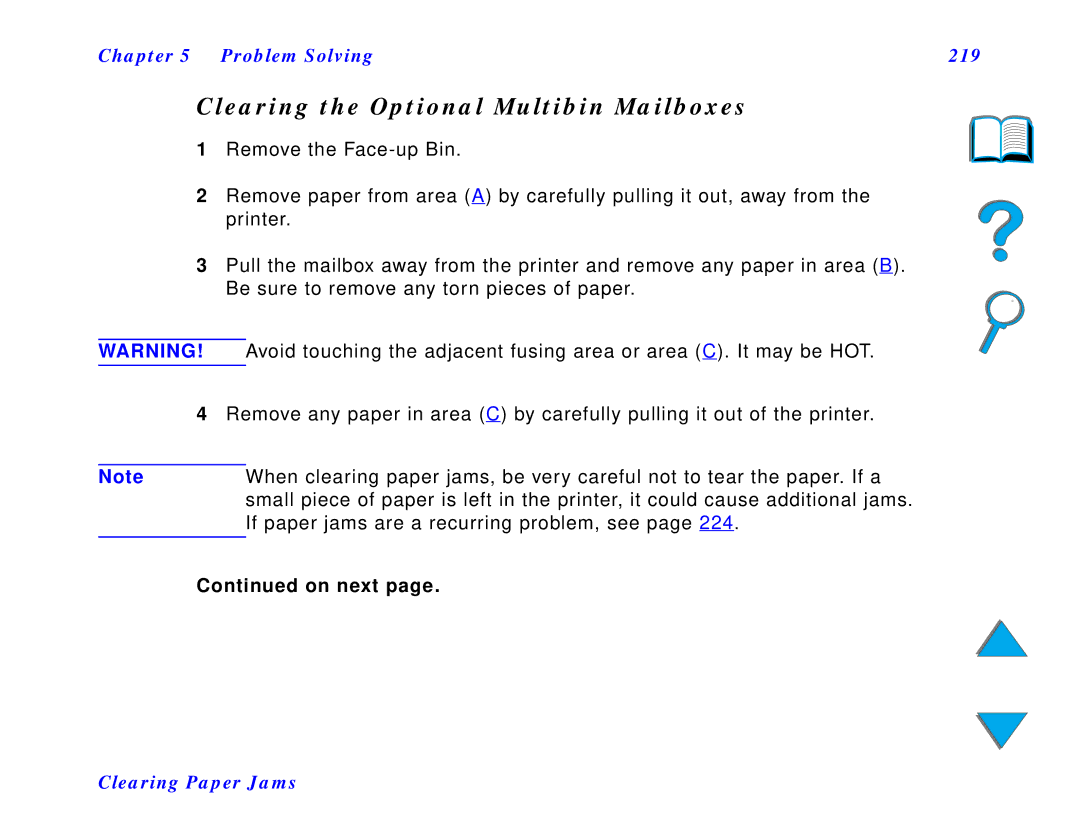 HP and 8150 MFP manual Clearing the Optional Multibin Mailboxes, Problem Solving 219 