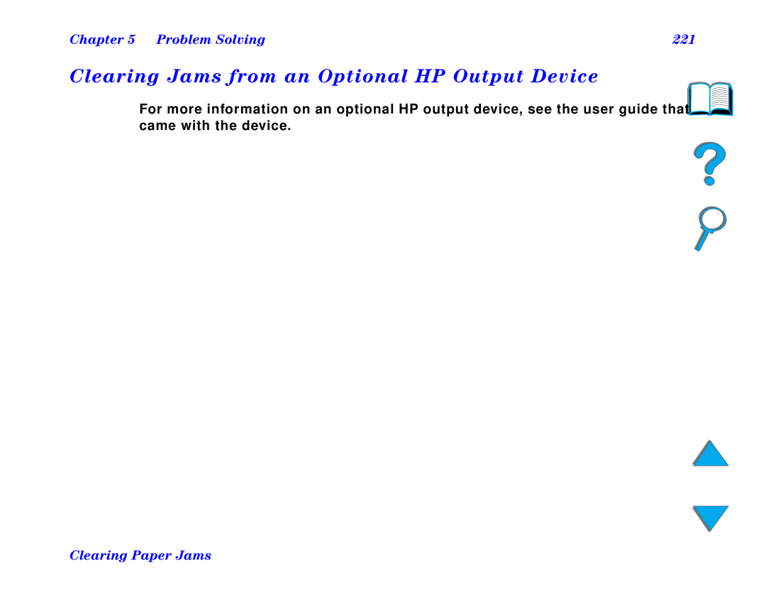 HP and 8150 MFP manual Clearing Jams from an Optional HP Output Device, Problem Solving 221 