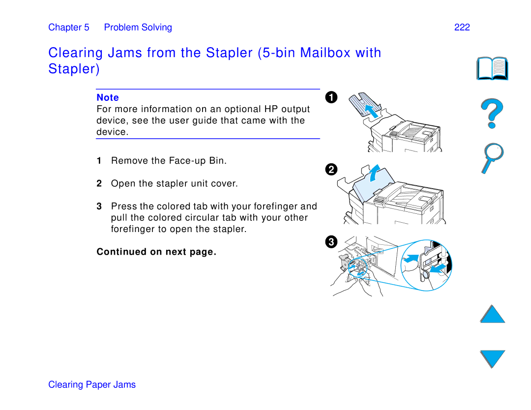 HP and 8150 MFP manual Clearing Jams from the Stapler 5-bin Mailbox with Stapler, Problem Solving 222 