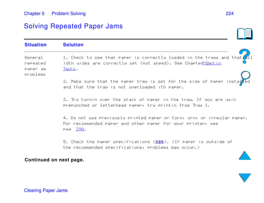 HP and 8150 MFP manual Solving Repeated Paper Jams, Problem Solving 224, Situation Solution 