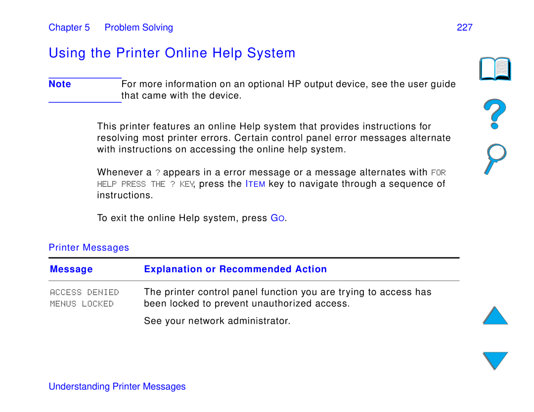 HP and 8150 MFP manual Using the Printer Online Help System, Problem Solving 227, Printer Messages 