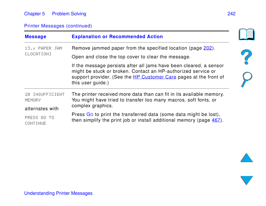 HP and 8150 MFP manual Chapter Problem Solving 242 Printer Messages, Location, Press GO to Continue 