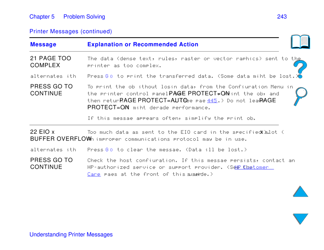 HP and 8150 MFP manual Chapter Problem Solving 243 Printer Messages, Overflow, GO to 