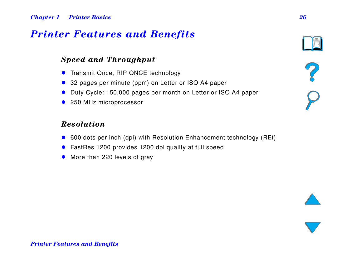 HP and 8150 MFP manual Printer Features and Benefits, Speed and Throughput, Resolution 