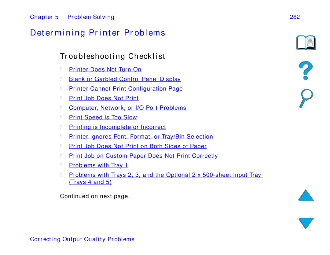 HP and 8150 MFP manual Determining Printer Problems, Troubleshooting Checklist, Problem Solving 262 