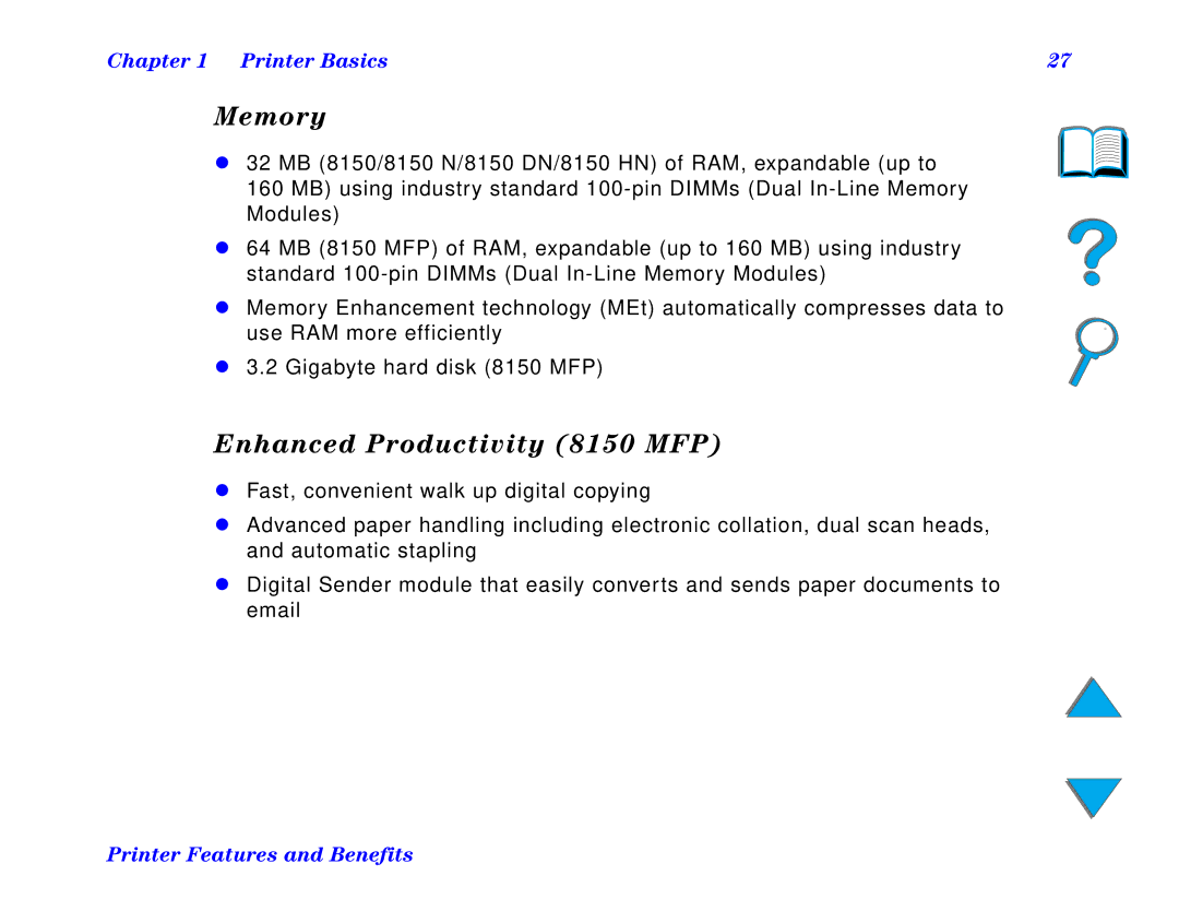 HP and 8150 MFP manual Memory, Enhanced Productivity 8150 MFP 