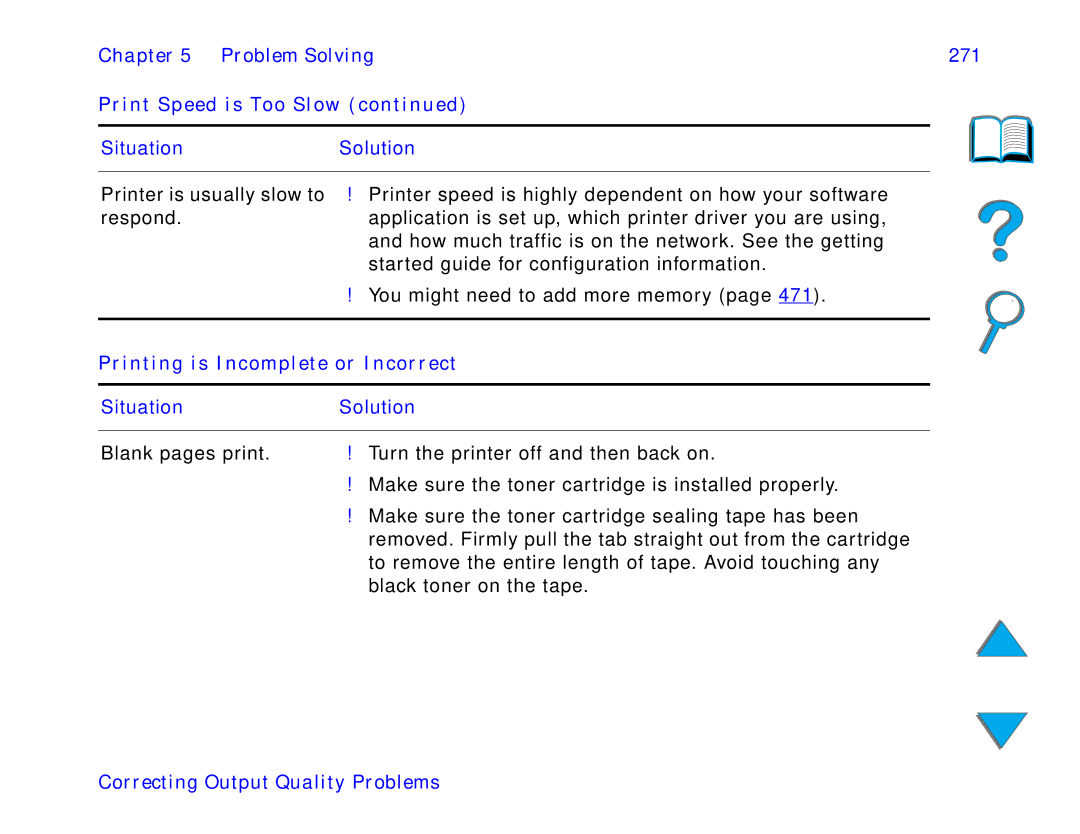 HP and 8150 MFP manual Problem Solving 271 Print Speed is Too Slow, Printing is Incomplete or Incorrect 