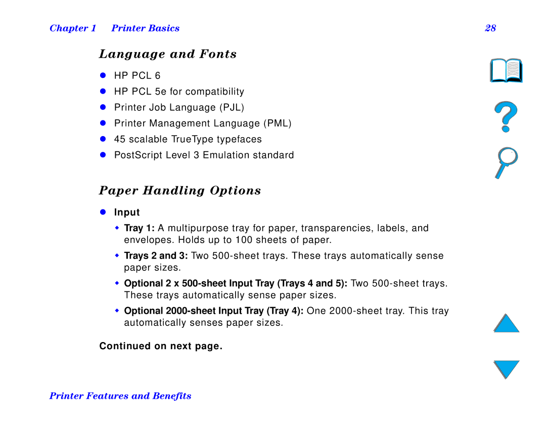 HP and 8150 MFP manual Language and Fonts, Paper Handling Options, Input 