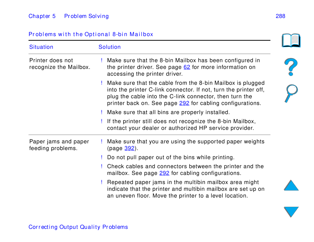 HP and 8150 MFP manual Problem Solving 288 Problems with the Optional 8-bin Mailbox 