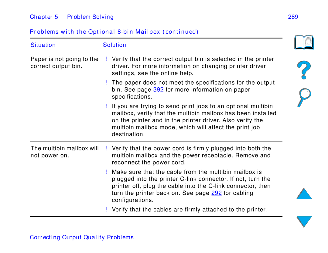 HP and 8150 MFP manual Problem Solving 289 Problems with the Optional 8-bin Mailbox 