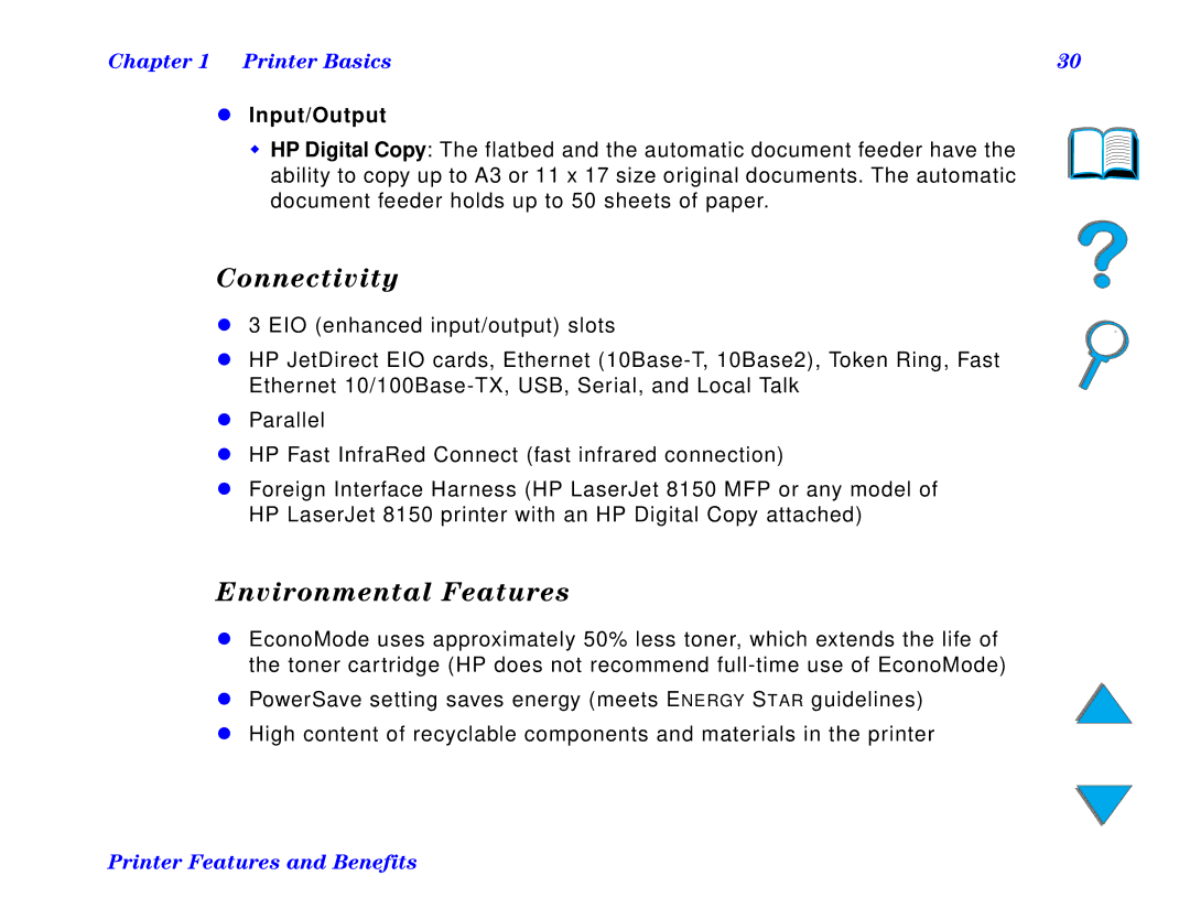 HP and 8150 MFP manual Connectivity, Environmental Features, Input/Output 