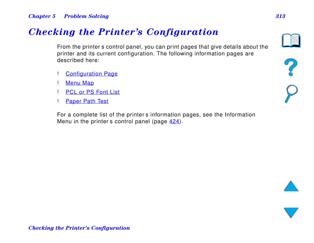 HP and 8150 MFP manual Checking the Printer’s Configuration, Problem Solving 313 