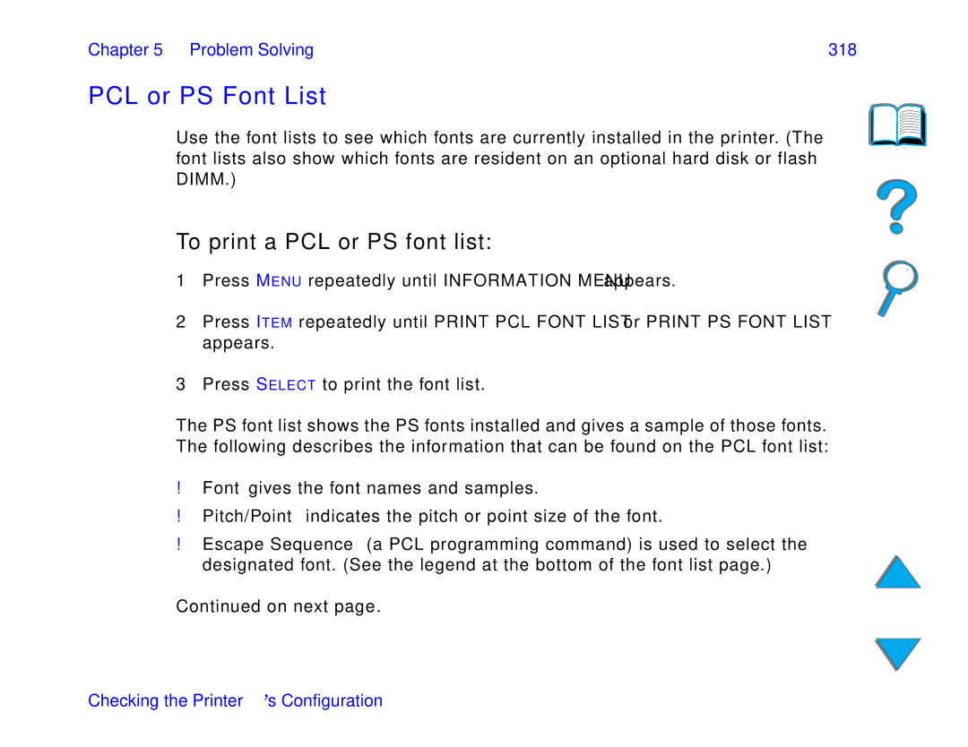 HP and 8150 MFP manual PCL or PS Font List, To print a PCL or PS font list, Problem Solving 318 