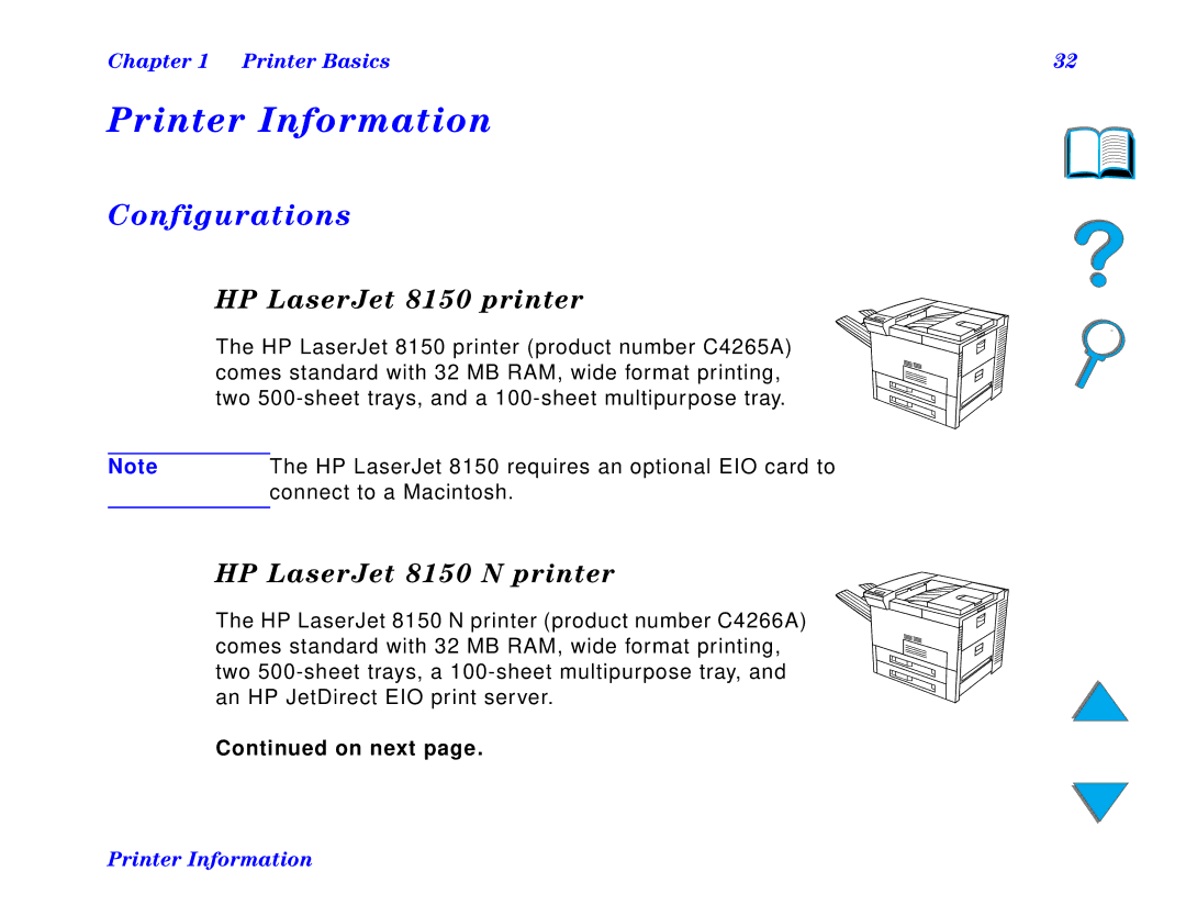 HP and 8150 MFP manual Printer Information, Configurations, HP LaserJet 8150 printer, HP LaserJet 8150 N printer 