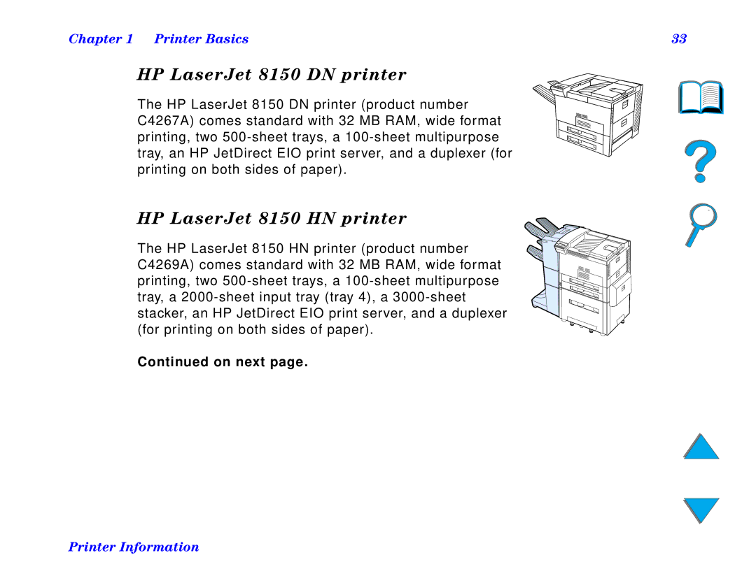 HP and 8150 MFP manual HP LaserJet 8150 DN printer, HP LaserJet 8150 HN printer 