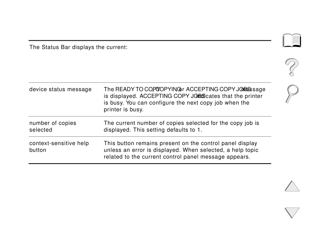 HP and 8150 MFP manual Device status message, Number of copies, Selected, Context-sensitive help, Button 