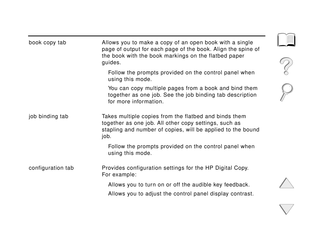 HP and 8150 MFP manual HP Digital Copy 356 Menu Tabs, Book copy tab, Job binding tab, Configuration tab 