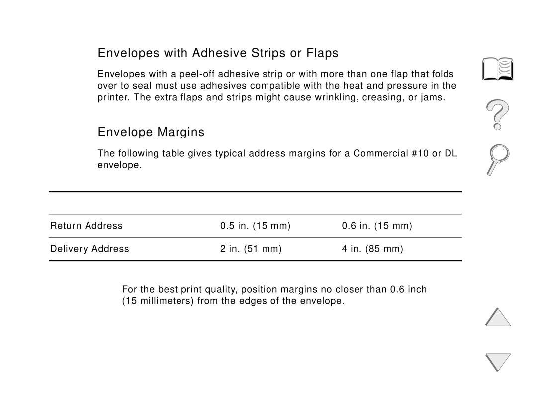 HP and 8150 MFP manual Envelopes with Adhesive Strips or Flaps, Envelope Margins, Appendix a Specifications 408 